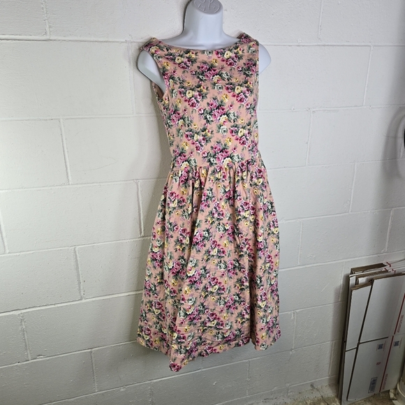 Lindy Bop Pink Floral Sleeveless Pinup Retro Cottagecore Coquette Dress Vlv - Picture 3 of 6